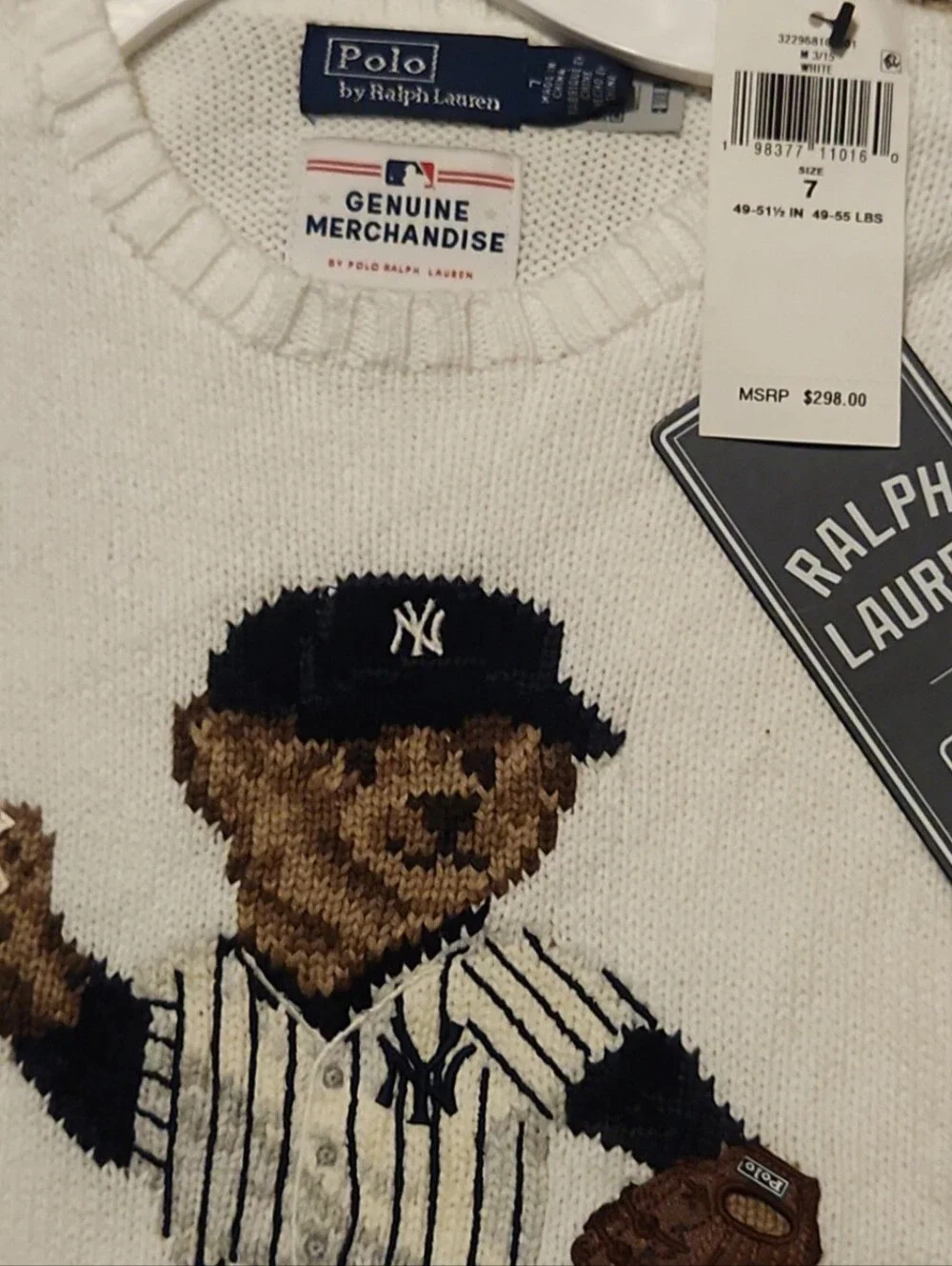 Yankees Polo Ralph Lauren Preschool Bear Pullover Sweater - White - Size 7